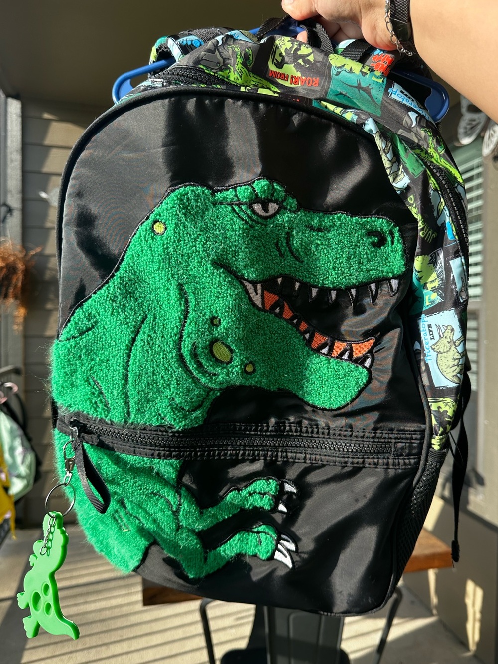 Kids Black Backpack with Green Dinosaur Applique and Charm